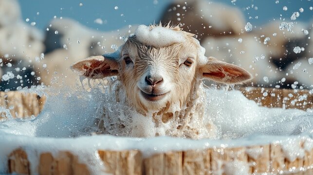 A cute lamb is taking a bubble bath in a wooden tub, surrounded by water and foam. The lamb appears happy and playful.