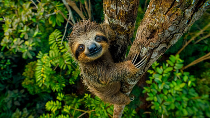 Obraz premium Brown Sloth Climbing Tree Trunk in Jungle. Happy Mammal, Tropical Forest.