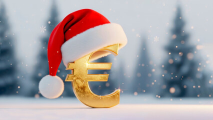 A gold euro sign with a Santa hat on a white wooden table against a snowy forest backdrop. The euro's value in global financial markets in the New Year.