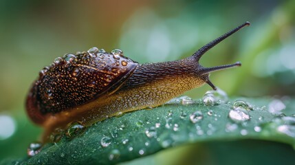 Macro photograph of a Spanish slug on a green leaf after rain