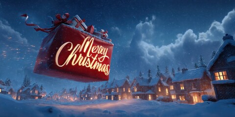 Magical christmas gift box flying over a snowy village at night