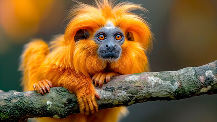 Obraz premium Golden Lion Tamarin Sitting on Log. Orange Monkey, Brazilian Wildlife.