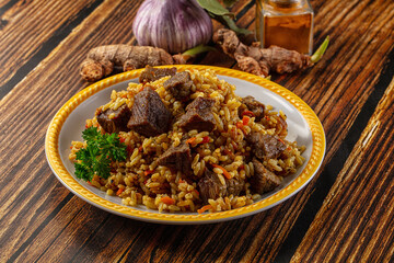 Asian traditional pilaf with beef
