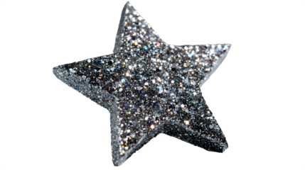 A single five pointed star covered in silver glitter against a plain black background in close up view