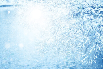 Snowy winter background in the park, blurred abstract seasonal backdrop, snowflake texture, light landscape background