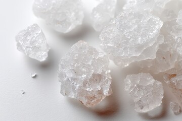 Macro photograph of sea salt crystals on a pure white background