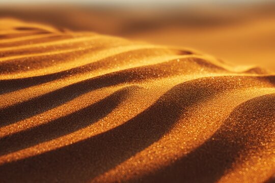 Macro photograph of fine orange sand grains and ripple patterns under warm desert light - Powered by Adobe