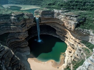 Aerial view of a waterfall cascading into a natural pool surrounded by canyon walls. The image captures a serene daytime scene.