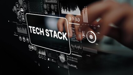 Hands typing on laptop keyboard with futuristic tech stack digital interface and data visualization elements in background. Asymptotic smart data analytic.