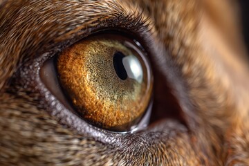 Macro portrait of a canine eye: sharp iris detail, moist cornea, warm natural lighting