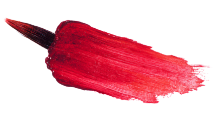 A close up of a paintbrush with a smear of red paint on a black isolated background art concept
