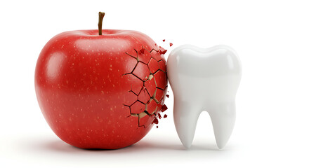 Red apple with visible crack next to white tooth model on light background, concept of enamel damage, tooth sensitivity and unhealthy diet, ideal for dental clinic campaigns, patient education