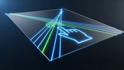 A futuristic abstract visualization featuring a glowing neon blue hand cursor icon interacting with a dynamic network of converging light beams on a transparent isometric plane
