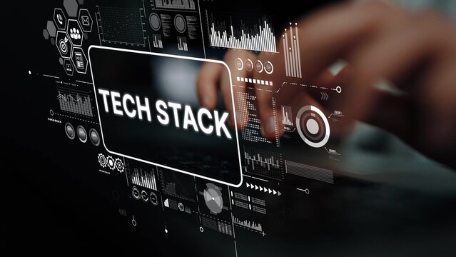 Hands typing on laptop keyboard with futuristic tech stack digital interface and data visualization elements in background. Asymptotic smart data analytic.