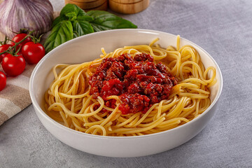 Italian pasta spaghetti bolognese with minced beef meat and tomato sauce
