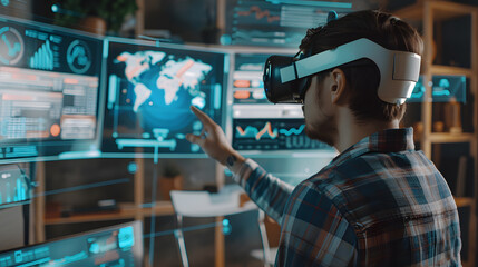 Photo of a technology analyst observing digital data and analytics in a modern high-tech workspace