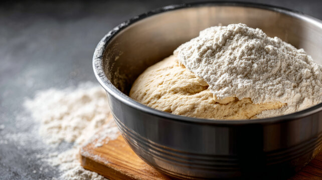 Bowl with dough and flour, ready for baking, on a wooden board.