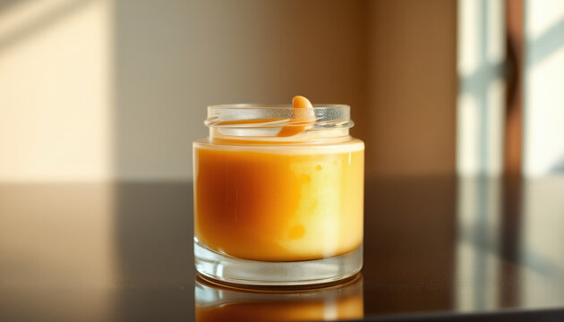 Frosted glass jar containing a nourishing, honey-colored face mask, highlighted by a warm, natural lighting