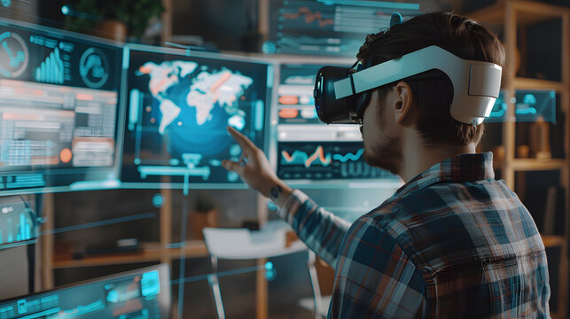 Photo of a technology analyst observing digital data and analytics in a modern high-tech workspace