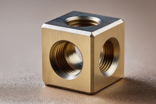 Bronze square-profile leadscrew nut with central thread cavity, macro photo of precision-machined prismatic component on amber gradient