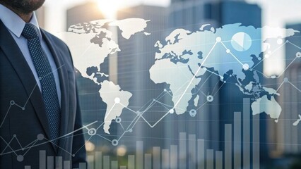 A businessman stands in front of a digital world map and financial graphs, symbolizing global trade and market analysis.