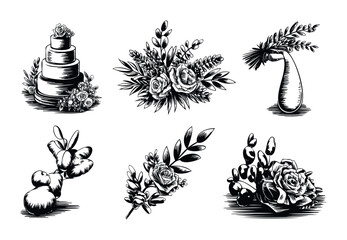 Set of handdrawn botanical floral wedding elements including cake and bouquet arrangements for invitations and event decor.