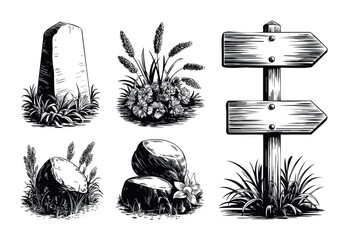 Vintage ink drawings of natural elements like stones, flowers, and a wooden signpost for outdoor adventure or rustic themes.