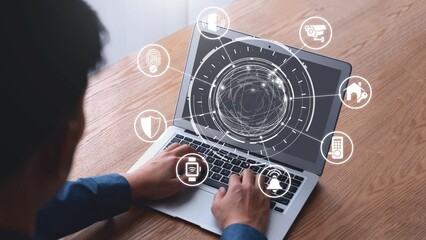 Home security icons show smart home, surveillance, and safety devices. Home security ensures...