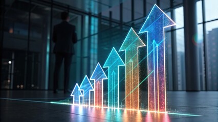 A business professional stands before a glowing graph with arrows pointing upward, symbolizing growth and success in a modern office environment.