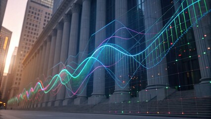 A modern digital visualization of data trends overlays a classic architectural facade, blending technology with traditional structures in an urban setting.