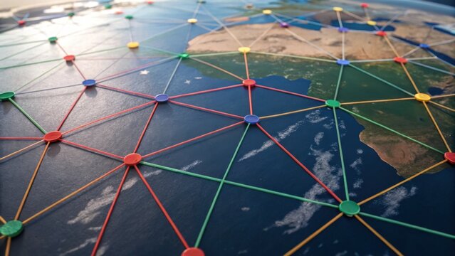 A colorful network of connections overlays a globe, highlighting geographic regions and their interrelations.
