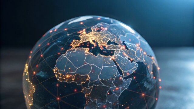 A detailed, illuminated globe showcasing Europe and Africa, with network connections highlighted against a dark background.
