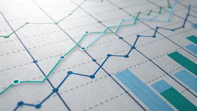 An abstract representation of data trends with line graphs and bar charts on a light background, showcasing statistical analysis.