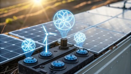 Solar panels with holographic representations of wind and solar energy, symbolizing renewable energy solutions in a natural setting at sunset.