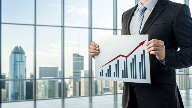 A businessman holds a growth chart in a modern office, showcasing positive trends against a backdrop of a city skyline.