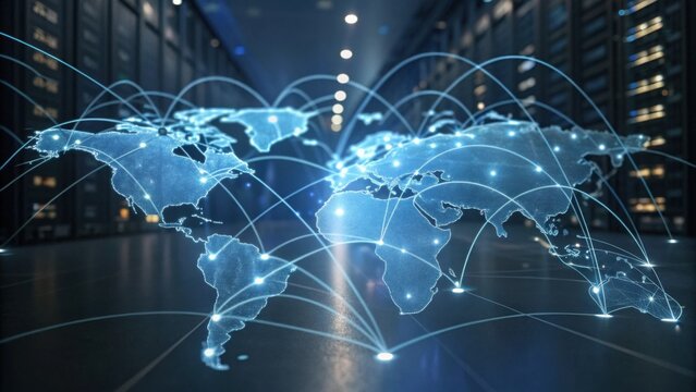 A digital representation of a world map with glowing connections, symbolizing global networking and data flow in a server environment.