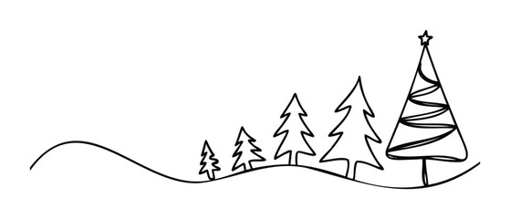 Continuous line drawing of various sized Christmas trees on a snowy hill, perfect for holiday greetings and winter celebrations, offering a minimalist festive feel for your seasonal