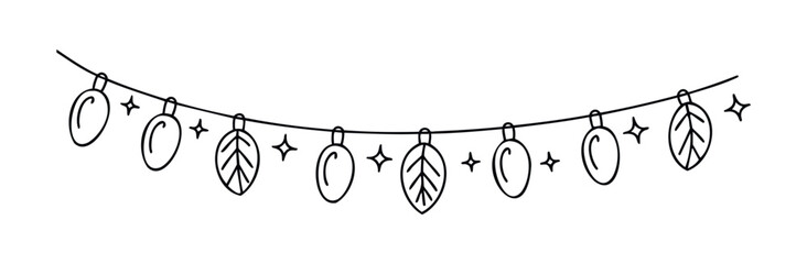 Hand drawn festive garland with leaf and bulb ornaments and twinkling stars for holiday decoration and celebration concepts