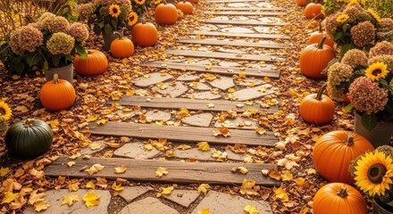 Autumn pathway lined with vibrant pumpkins and colorful flowers, surrounded by fallen leaves, creating a warm and inviting seasonal atmosphere for outdoor gatherings