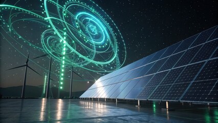 A futuristic landscape showcasing solar panels and wind turbines under a starry sky, integrated with digital energy patterns.