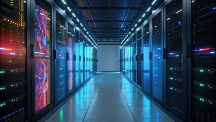 A modern data center aisle lined with server racks, illuminated with colorful LED lights, showcasing advanced technology and infrastructure.