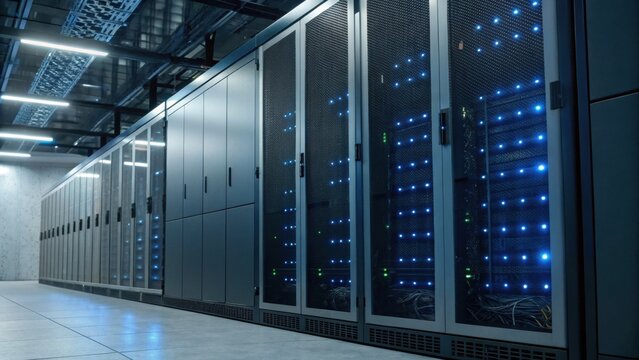 A modern data center filled with server racks emitting blue lights, showcasing advanced technology and infrastructure for data management.