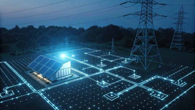A futuristic energy hub featuring a glowing house and illuminated grid lines amidst power towers, symbolizing innovation in renewable energy.