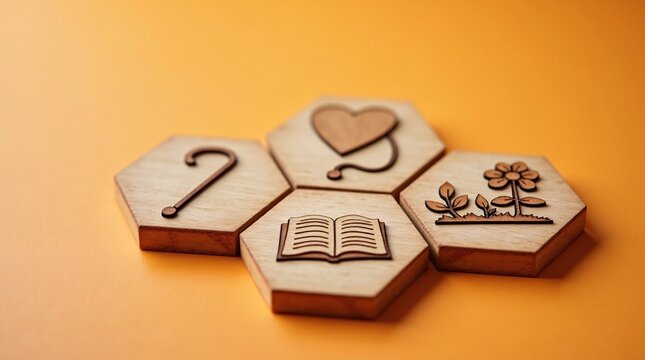 Wooden Hexagon Icons Representing Health, Education, Elderly Care, and Environmental Growth