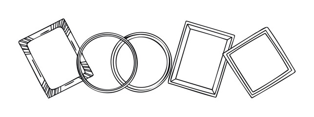 Collection of simple outline shapes including frames and circles for use in graphic media, adaptable for various visual projects and compositions.