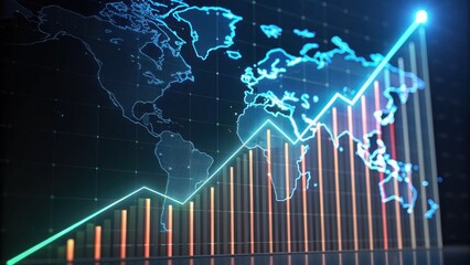 A digital representation of a world map with a rising graph, symbolizing global economic growth and data analysis.
