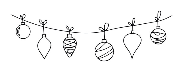 Delicate black outline garland of diverse festive ornaments with bow ties strung along a festive line, perfect for holiday celebrations and winter season announcements