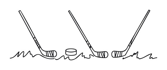 Hockey sticks and puck on rough ground symbolizing a game of ice hockey ready for action, perfect for sports themes and athletic promotion.