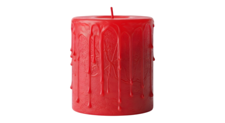 Red pillar candle with dripping wax isolated on transparent background