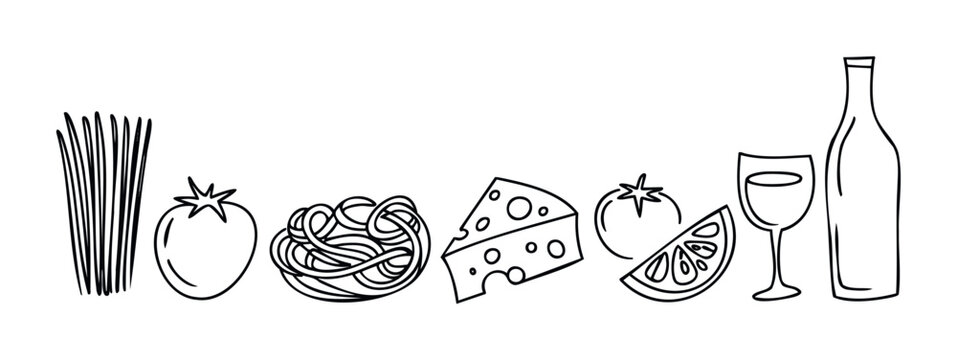Hand drawn outline food items including pasta, tomatoes, cheese, wine glass and bottle for Italian cuisine themes and culinary presentations